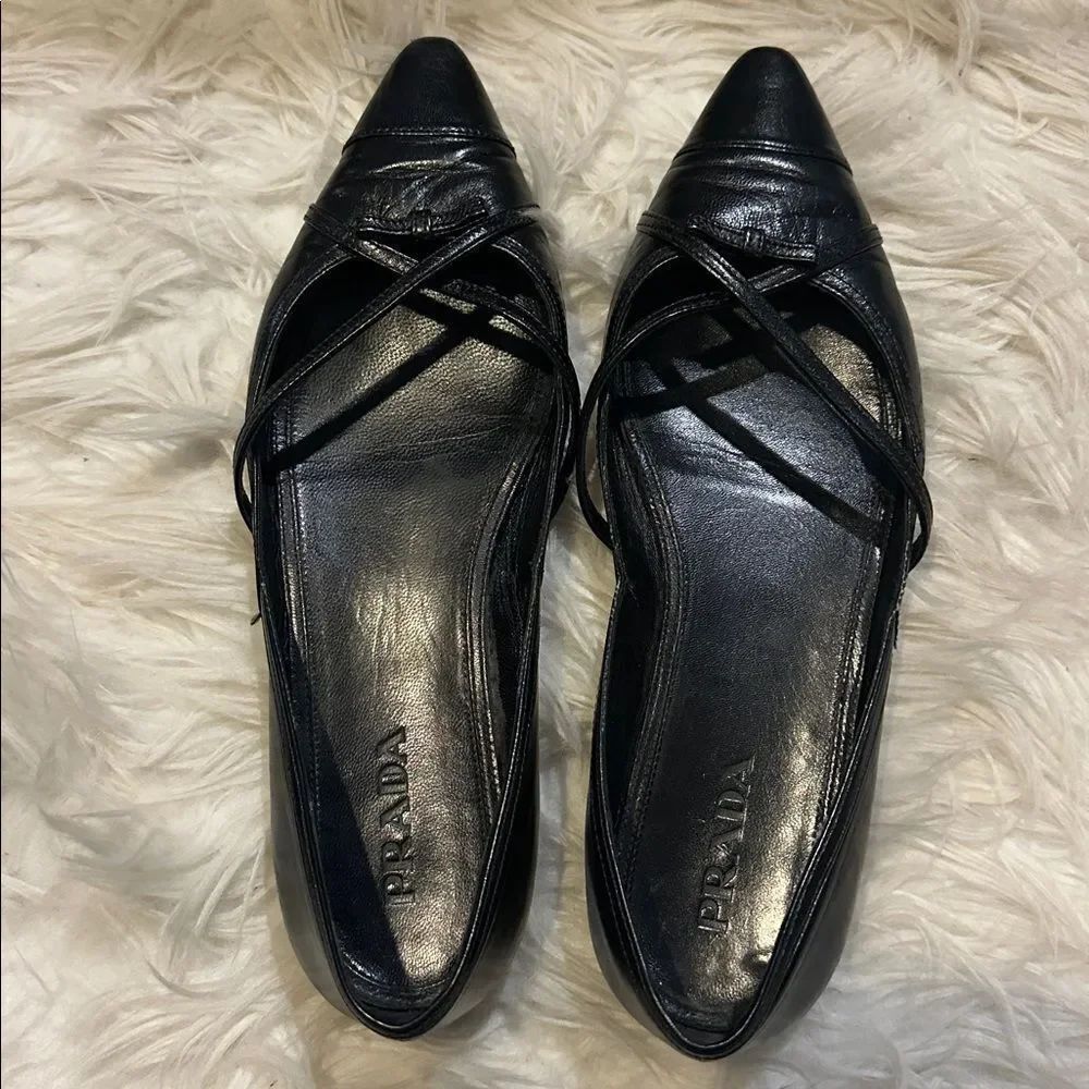 Prada Black Leather Criss-Cross Pointed Flats with Bow – Size 36.5 (Fits Like 7)